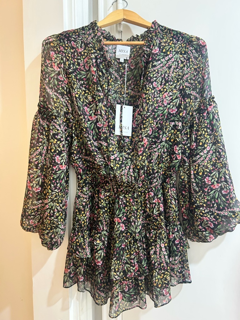 MISA Los Angeles Black with floral print long sleeve dress